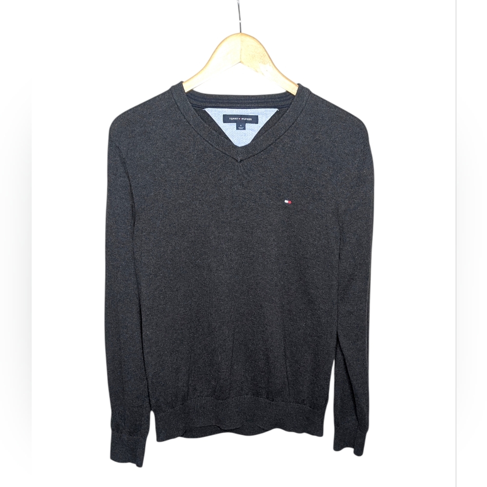 Tommy Hilfiger V-Neck Knit Sweater Men's Medium Charcoal Gray 100% Cotton Preppy